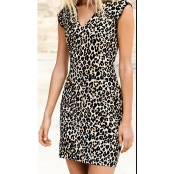 H&M Leopard Print Fitted V Neck Pencil Mini Dress US Women's 4 - Picture 1 of 6